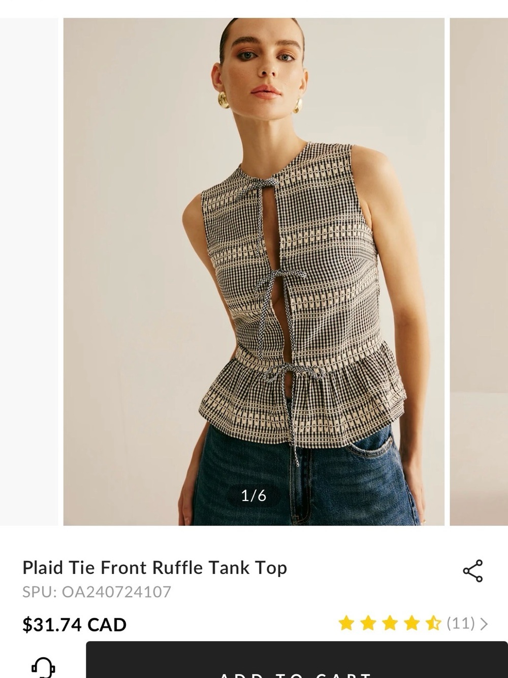 Commense Plaid Tie Front Ruffle Tank Top